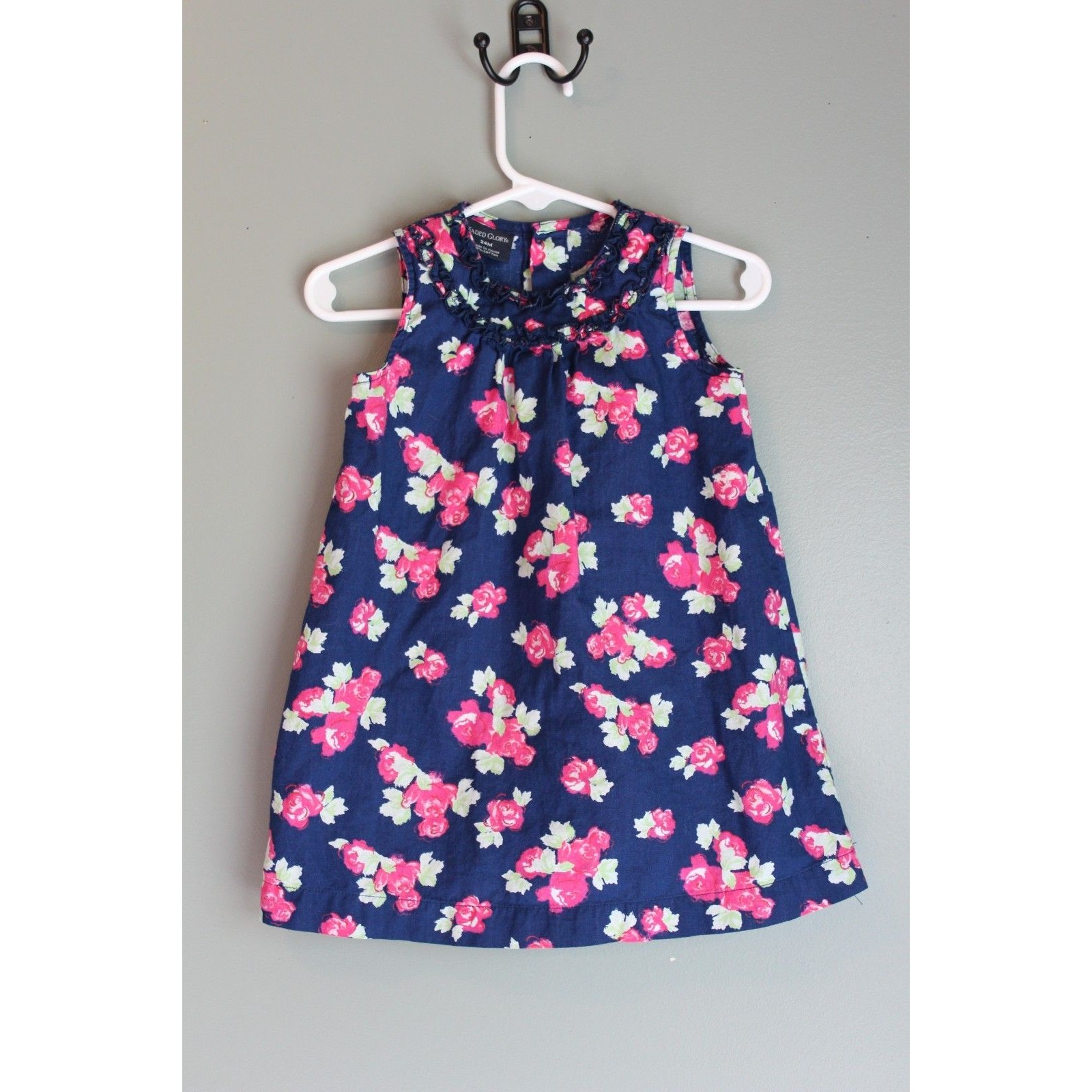 Faded Glory Baby Toddler Dress Navy Blue Pink Rose Sleeveless Size 24m